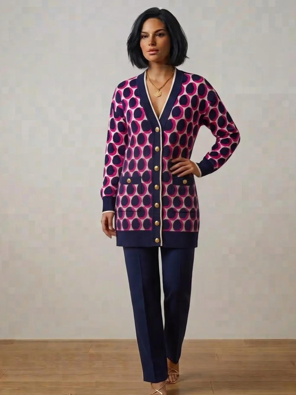Charter Club Pink & Navy Polka Dot Long Cardigan